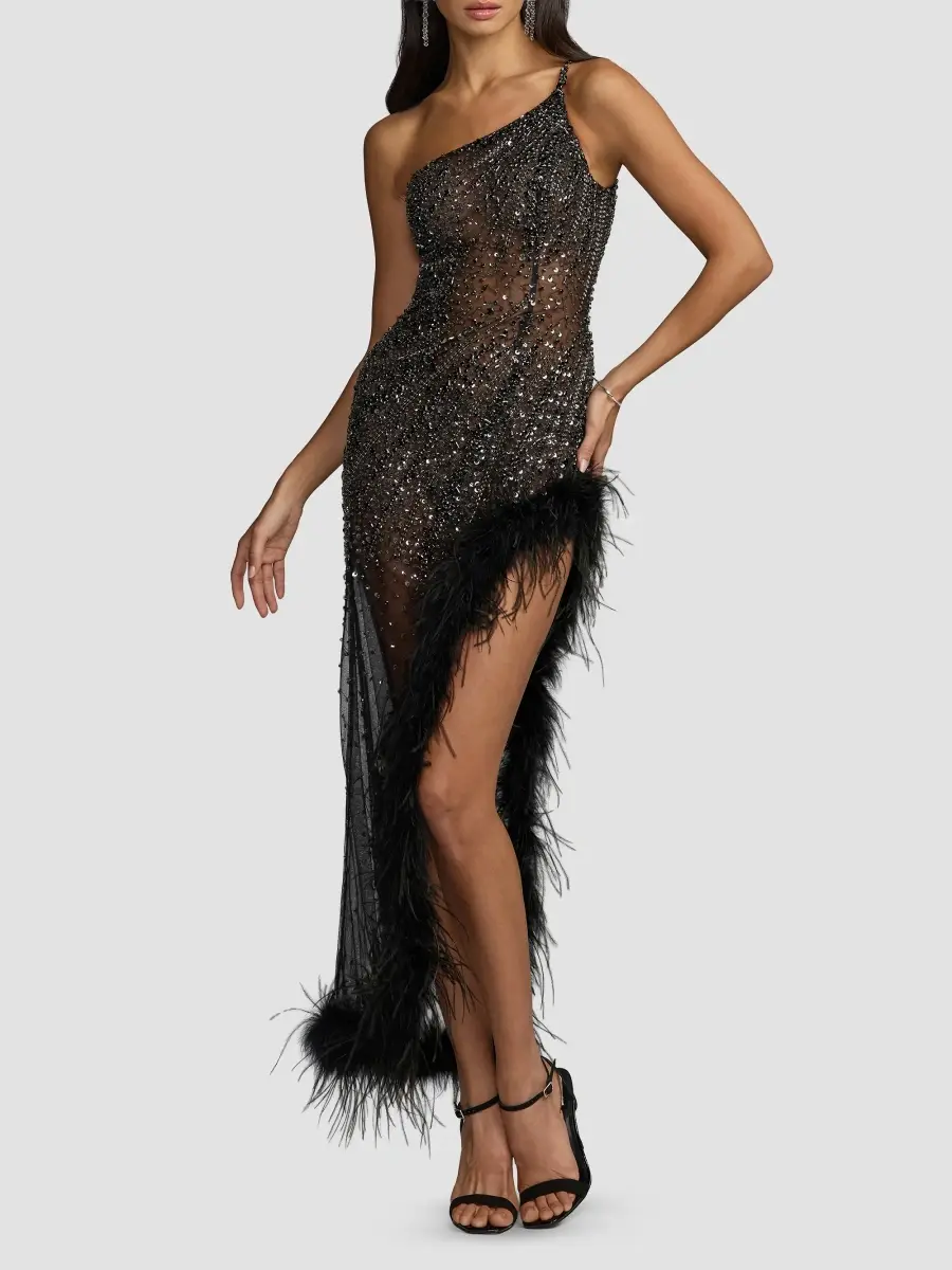 Mac Duggal Women's One-Shoulder Beaded Feather Maxi Dress | Thumbnail 2 Mac Duggal Women's One-Shoulder Beaded Feather Maxi Dress | Thumbnail 2