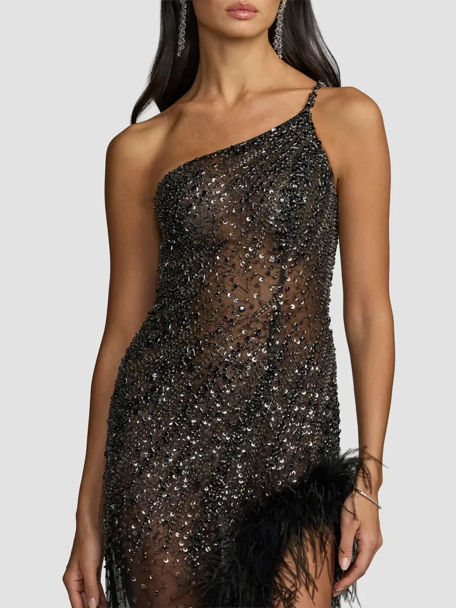 Mac Duggal Women's One-Shoulder Beaded Feather Maxi Dress | Thumbnail 4 Mac Duggal Women's One-Shoulder Beaded Feather Maxi Dress | Thumbnail 4