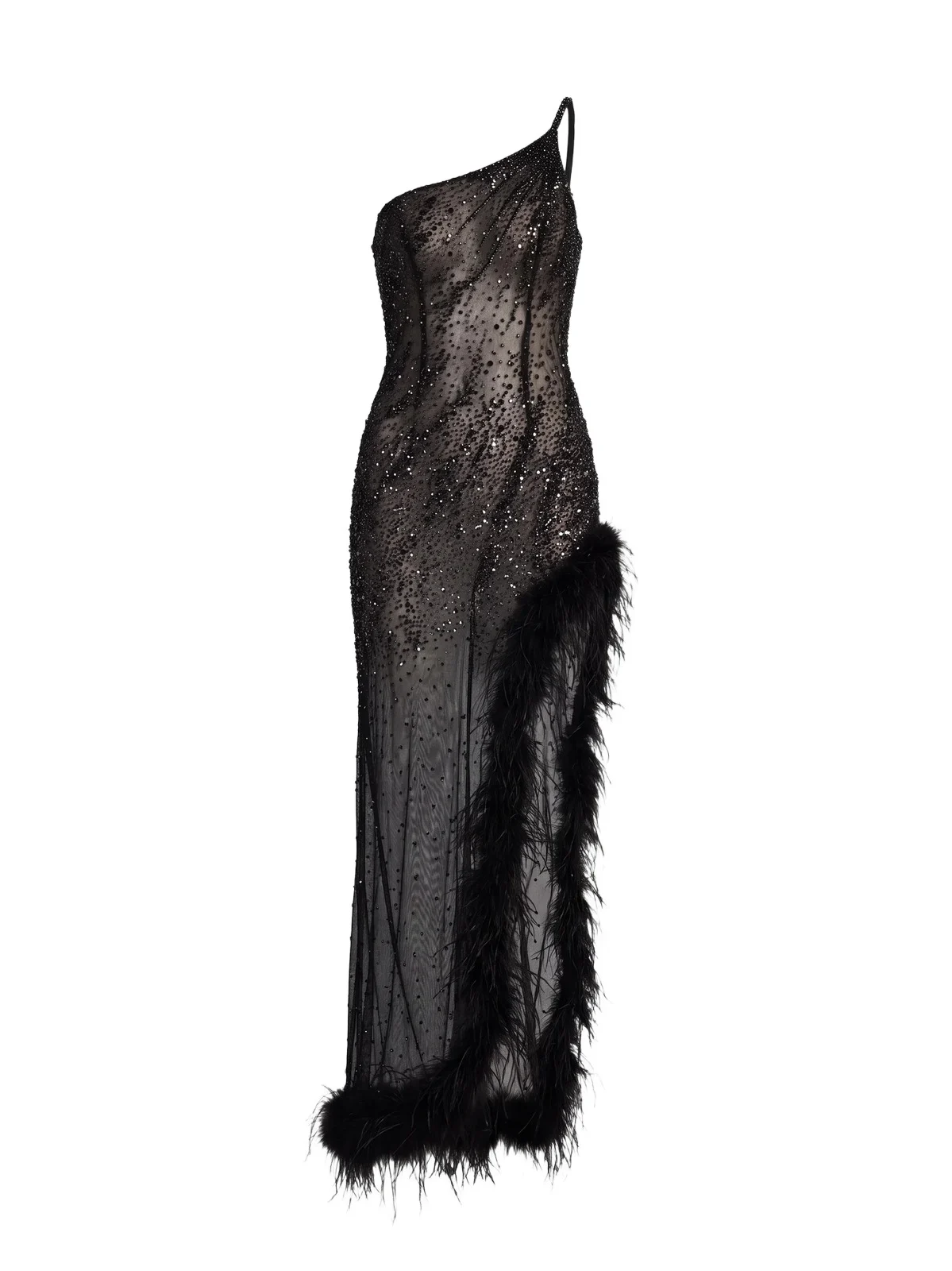 Mac Duggal Women's One-Shoulder Beaded Feather Maxi Dress