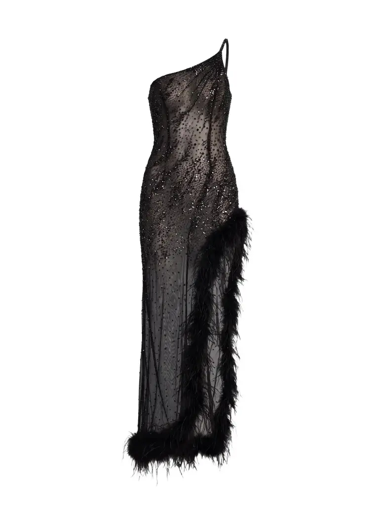 Women's One-Shoulder Beaded Feather Maxi Dress Women's One-Shoulder Beaded Feather Maxi Dress
