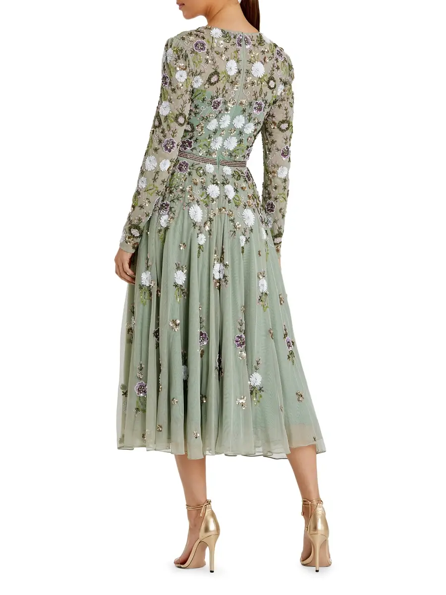 Mac Duggal Women's Cocktail Floral Sequin Chiffon Fit & Flare Midi-Dress - Sage Multi | Thumbnail 2