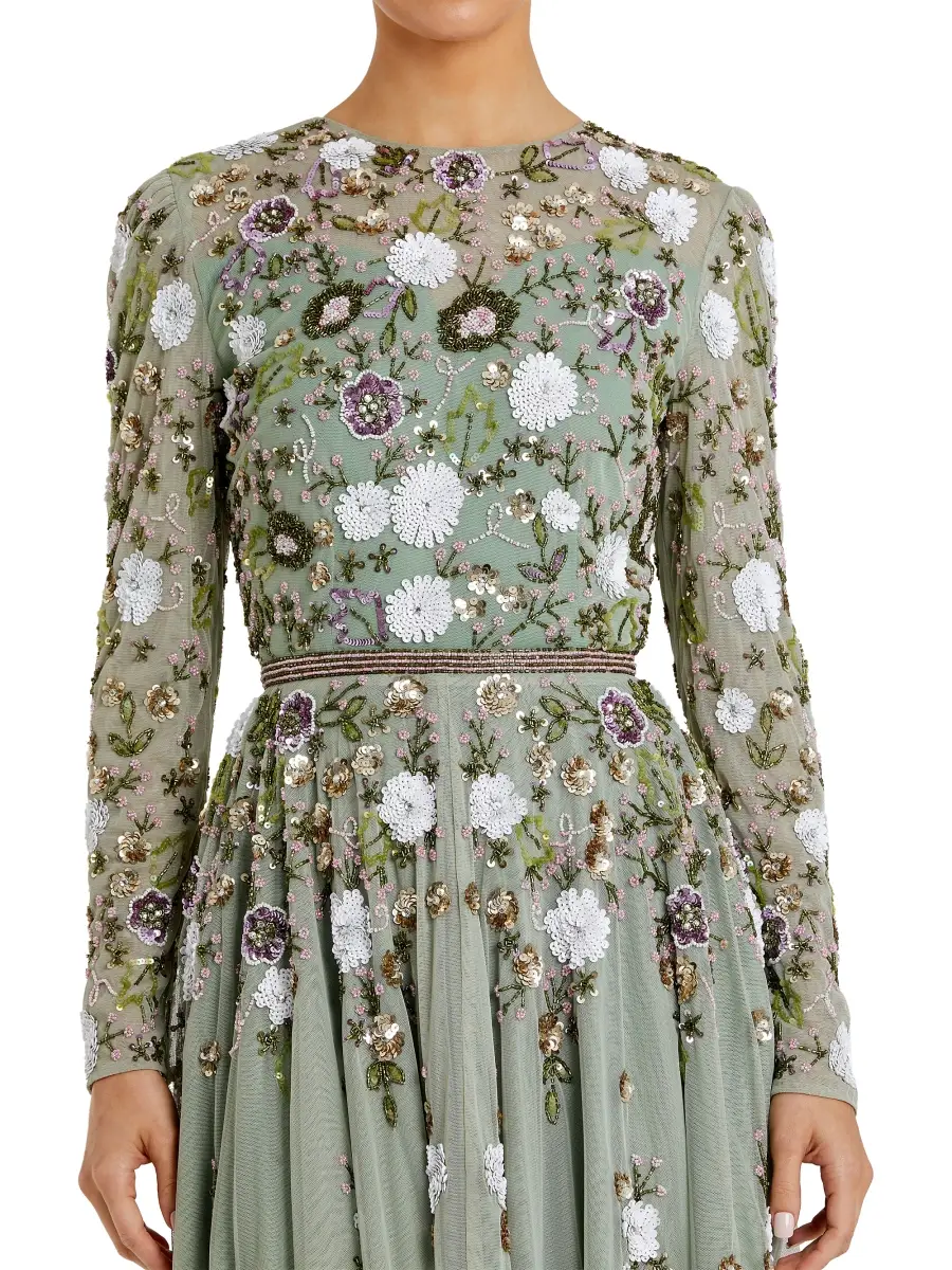 Mac Duggal Women's Cocktail Floral Sequin Chiffon Fit & Flare Midi-Dress - Sage Multi | Thumbnail 3