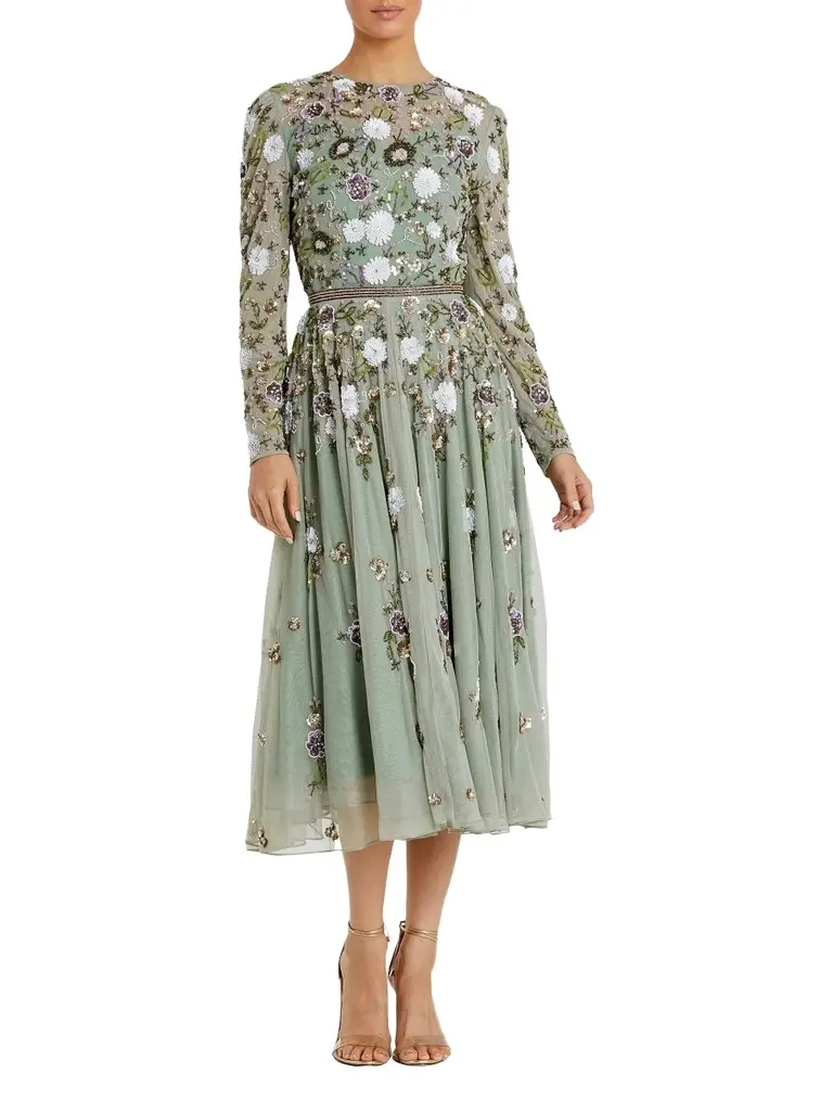Mac Duggal Women's Cocktail Floral Sequin Chiffon Fit & Flare Midi-Dress - Sage Multi