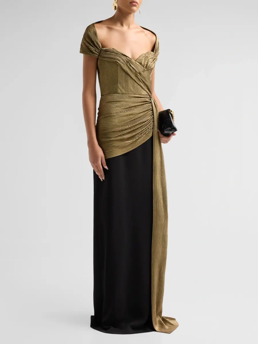 BADGLEY MISCHKA Women's Lamé Draped Off-Shoulder Gown | Thumbnail 4 BADGLEY MISCHKA Women's Lamé Draped Off-Shoulder Gown | Thumbnail 4