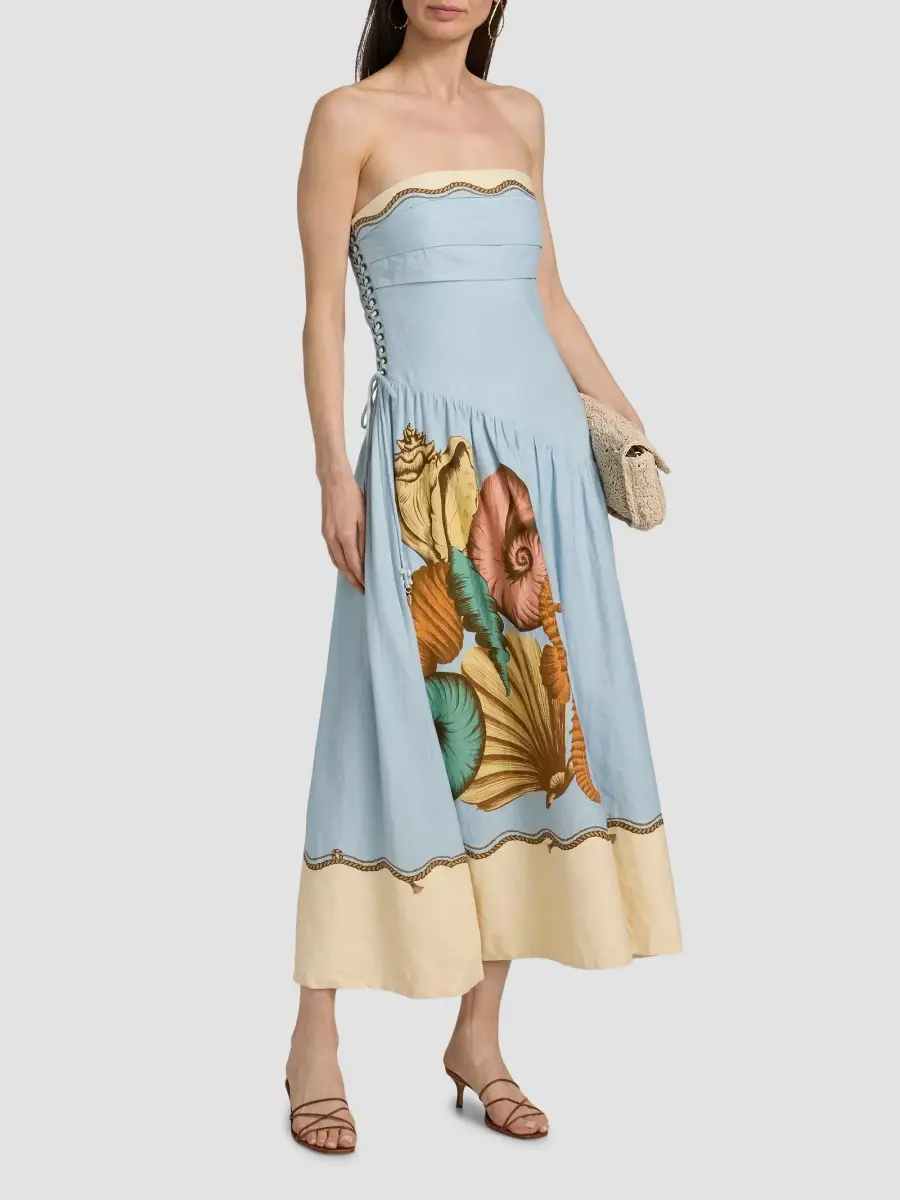 Farm Rio Women's Rio Souvenir Shell-Print Linen-Blend Midi Dress | Thumbnail 2 Farm Rio Women's Rio Souvenir Shell-Print Linen-Blend Midi Dress | Thumbnail 2