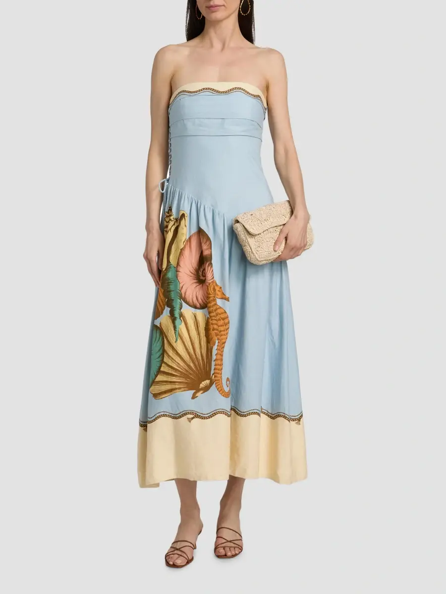 Farm Rio Women's Rio Souvenir Shell-Print Linen-Blend Midi Dress | Thumbnail 3 Farm Rio Women's Rio Souvenir Shell-Print Linen-Blend Midi Dress | Thumbnail 3