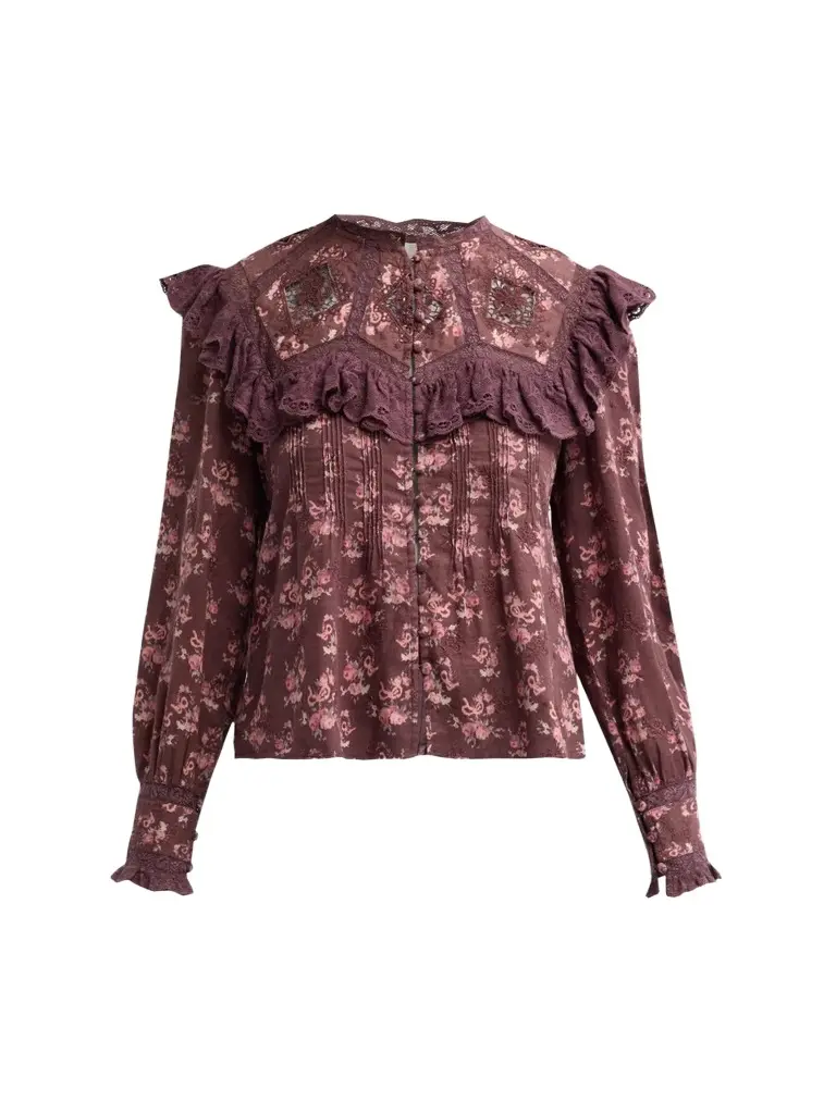 LoveShackFancy Women's Zephyra Floral Cotton Ruffle-Trim Top