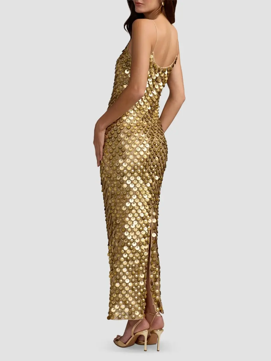 Mac Duggal Women's Paillette Mesh Spaghetti Strap Column Dress | Thumbnail 3 Mac Duggal Women's Paillette Mesh Spaghetti Strap Column Dress | Thumbnail 3