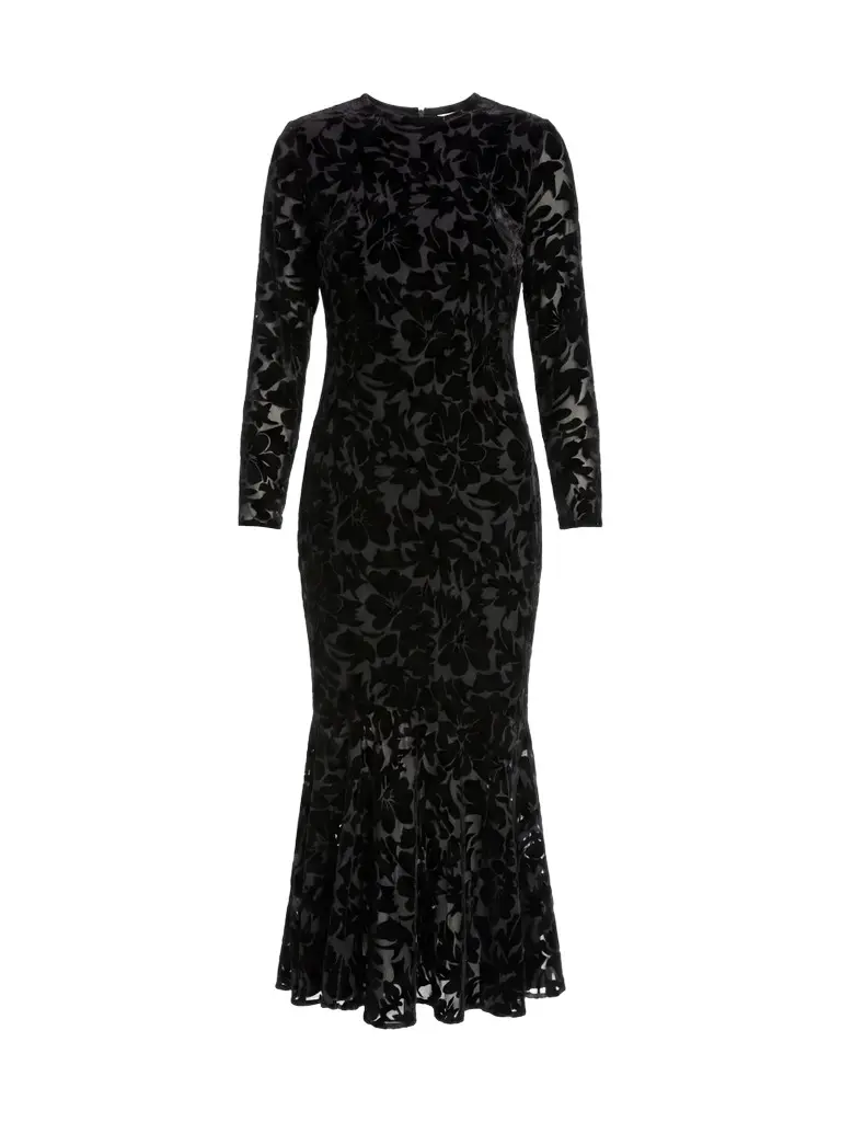 Mac Duggal Women's Burnout Velvet Ruffle Hem Midi Dress