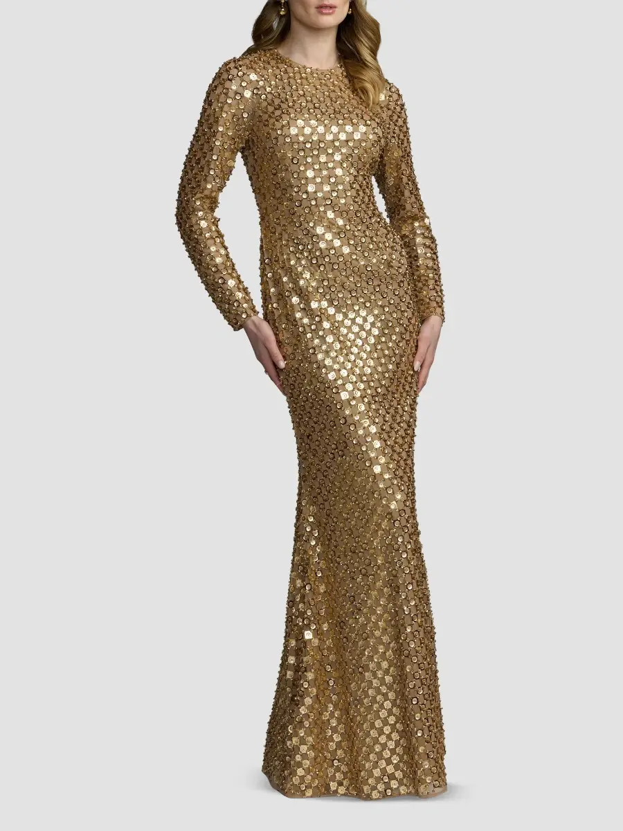 Mac Duggal Women's Checker-Beaded Long-Sleeve Column Gown | Thumbnail 2 Mac Duggal Women's Checker-Beaded Long-Sleeve Column Gown | Thumbnail 2