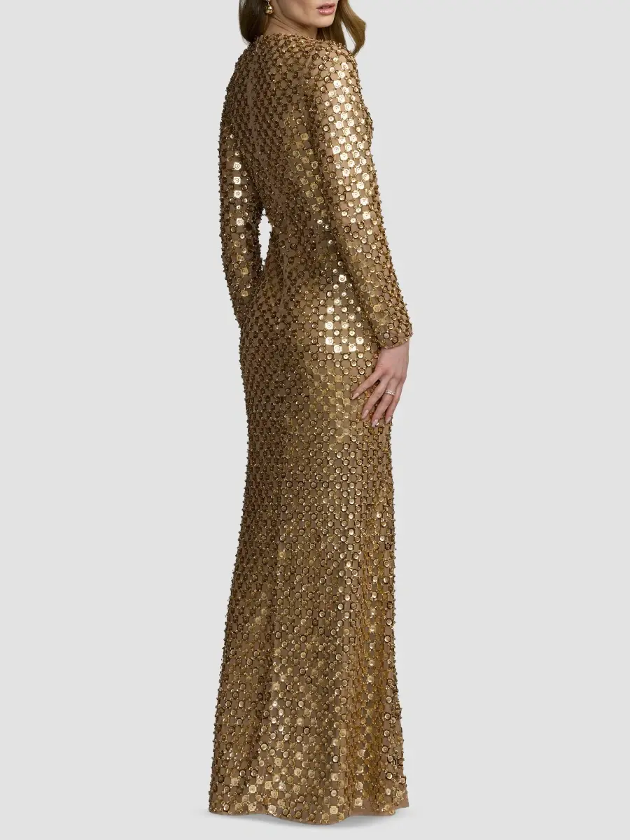 Mac Duggal Women's Checker-Beaded Long-Sleeve Column Gown | Thumbnail 3 Mac Duggal Women's Checker-Beaded Long-Sleeve Column Gown | Thumbnail 3