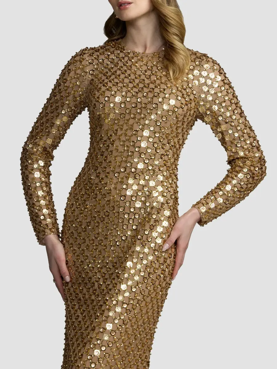 Mac Duggal Women's Checker-Beaded Long-Sleeve Column Gown | Thumbnail 4 Mac Duggal Women's Checker-Beaded Long-Sleeve Column Gown | Thumbnail 4