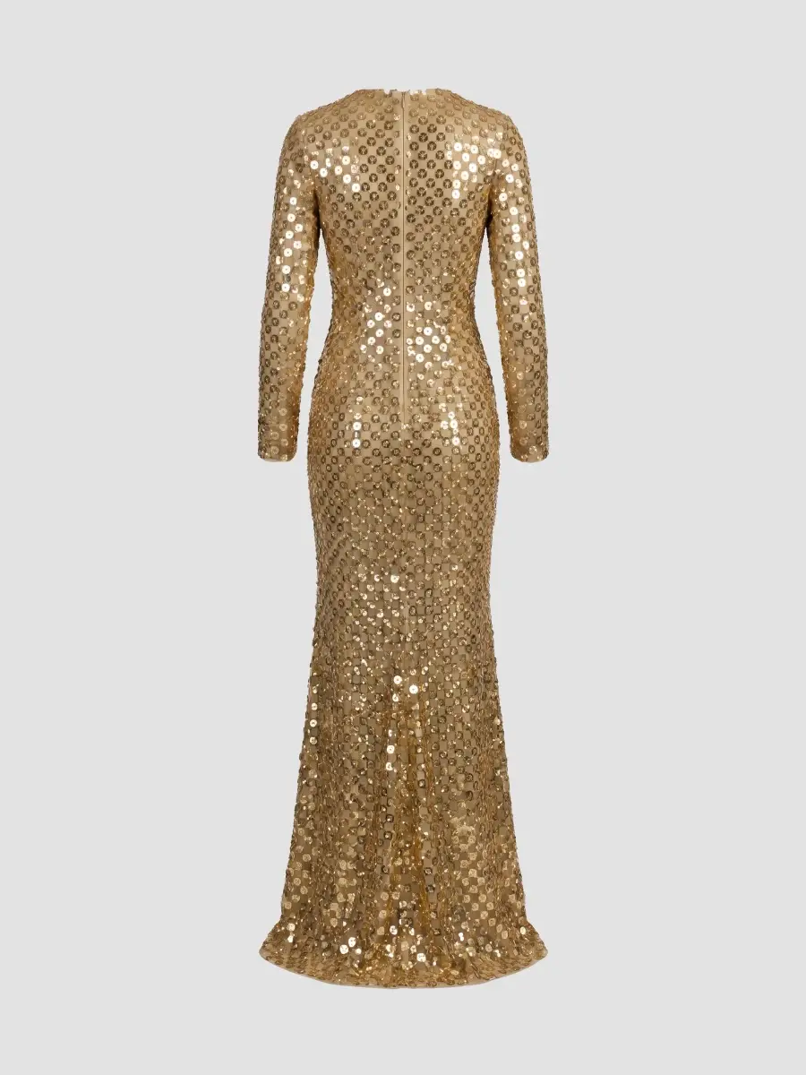 Mac Duggal Women's Checker-Beaded Long-Sleeve Column Gown | Thumbnail 5 Mac Duggal Women's Checker-Beaded Long-Sleeve Column Gown | Thumbnail 5