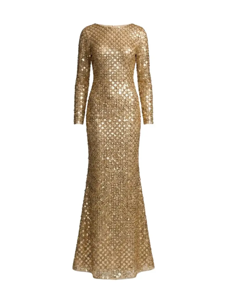 Mac Duggal Women's Checker-Beaded Long-Sleeve Column Gown