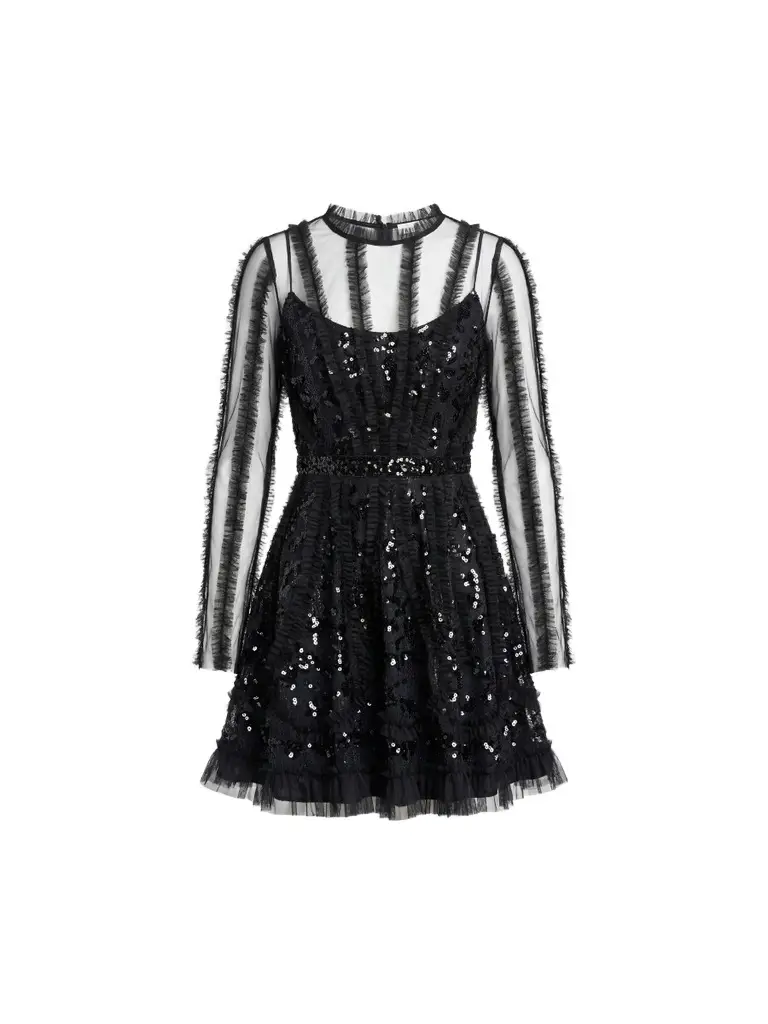 Mac Duggal Women's Mesh Lace Ruffled Mini Dress