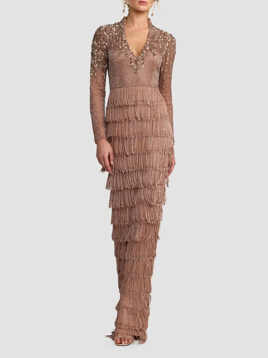 Mac Duggal Women's Beaded Fringe V-Neck Column Gown | Thumbnail 2 Mac Duggal Women's Beaded Fringe V-Neck Column Gown | Thumbnail 2