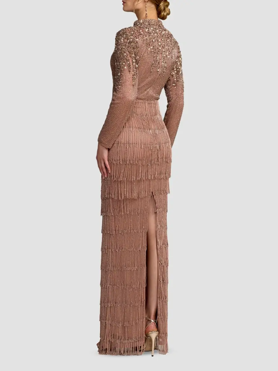 Mac Duggal Women's Beaded Fringe V-Neck Column Gown | Thumbnail 3 Mac Duggal Women's Beaded Fringe V-Neck Column Gown | Thumbnail 3