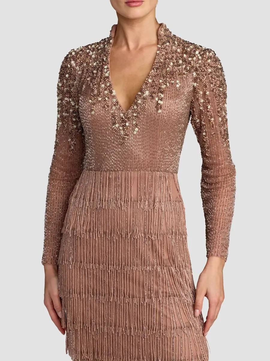 Mac Duggal Women's Beaded Fringe V-Neck Column Gown | Thumbnail 4 Mac Duggal Women's Beaded Fringe V-Neck Column Gown | Thumbnail 4