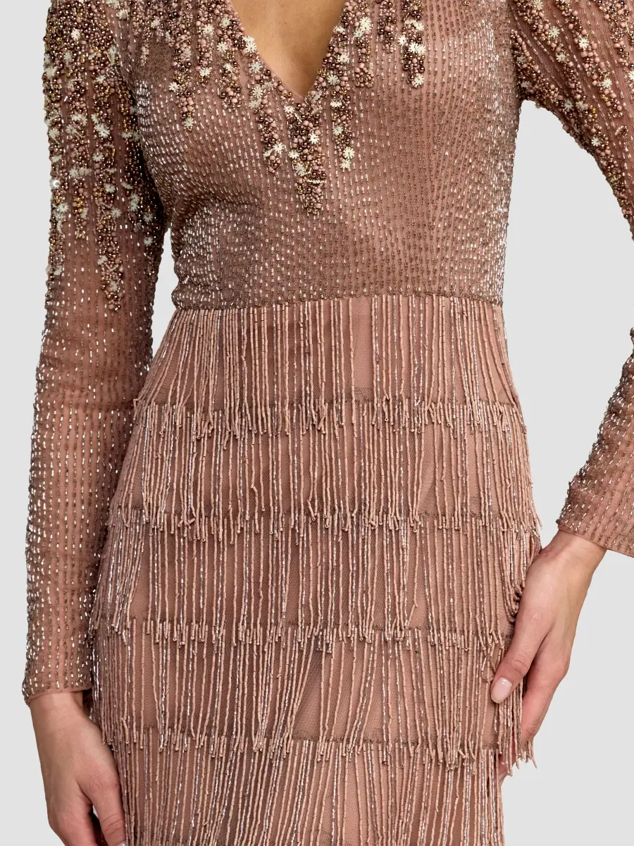 Mac Duggal Women's Beaded Fringe V-Neck Column Gown | Thumbnail 6 Mac Duggal Women's Beaded Fringe V-Neck Column Gown | Thumbnail 6