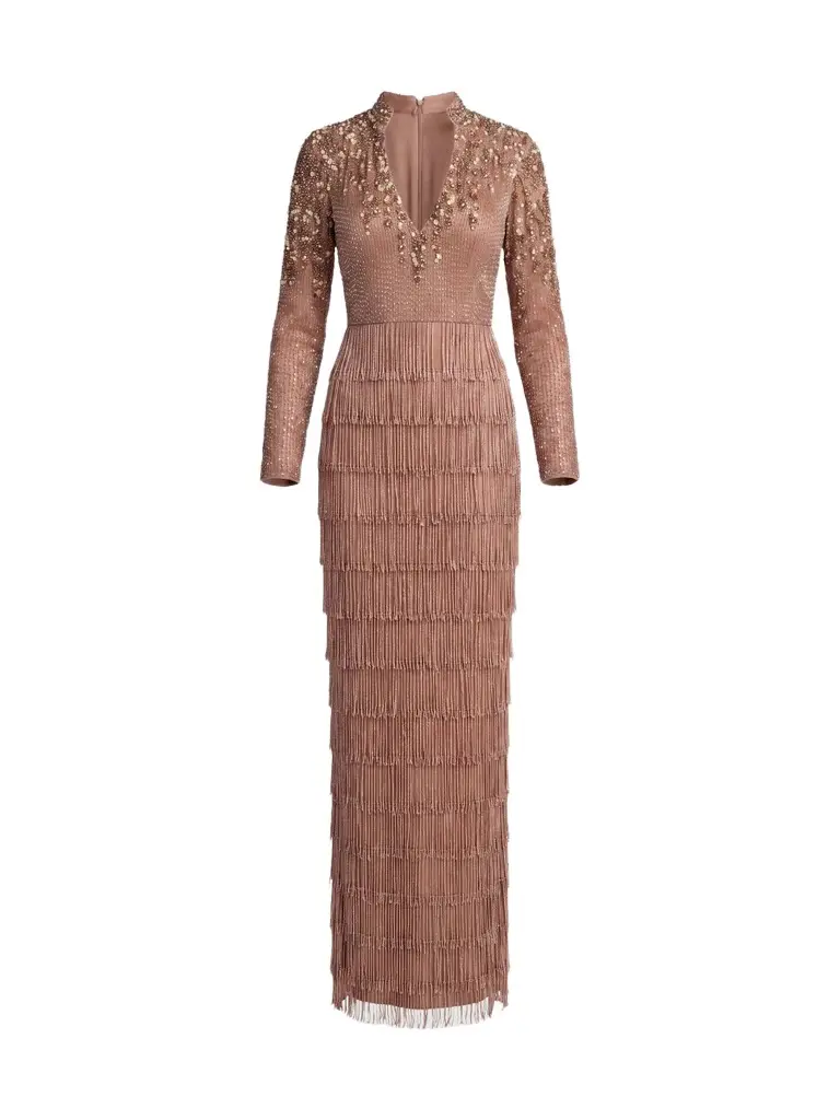 Mac Duggal Women's Beaded Fringe V-Neck Column Gown