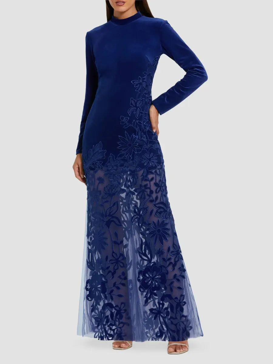 Mac Duggal Women's Floral Mixed-Media Long-Sleeve Gown | Thumbnail 2 Mac Duggal Women's Floral Mixed-Media Long-Sleeve Gown | Thumbnail 2