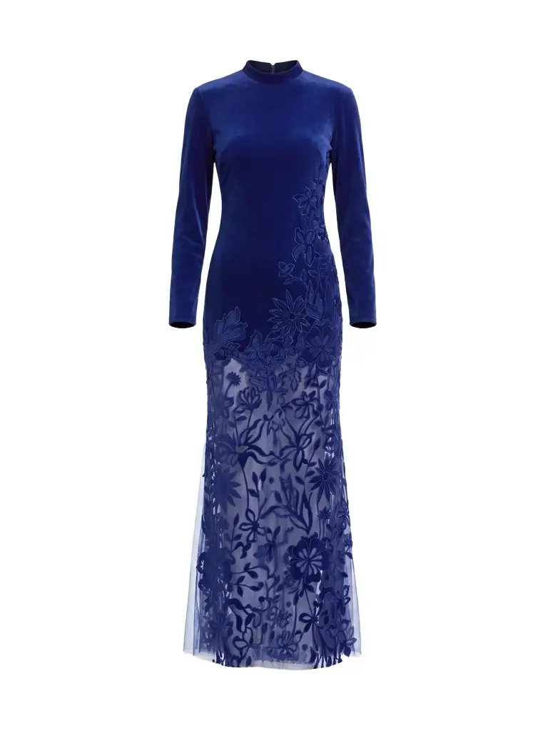 Mac Duggal Women's Floral Mixed-Media Long-Sleeve Gown