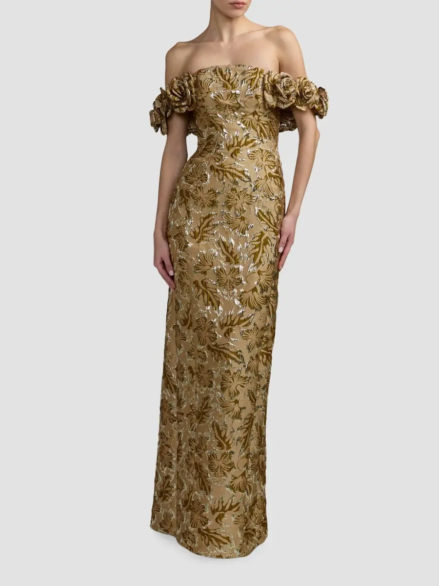 Mac Duggal Women's Brocade 3D Flower Off-The-Shoulder Gown | Thumbnail 2 Mac Duggal Women's Brocade 3D Flower Off-The-Shoulder Gown | Thumbnail 2