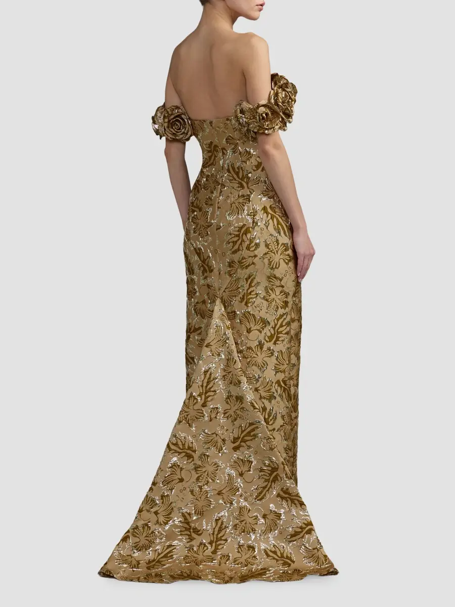 Mac Duggal Women's Brocade 3D Flower Off-The-Shoulder Gown | Thumbnail 3 Mac Duggal Women's Brocade 3D Flower Off-The-Shoulder Gown | Thumbnail 3