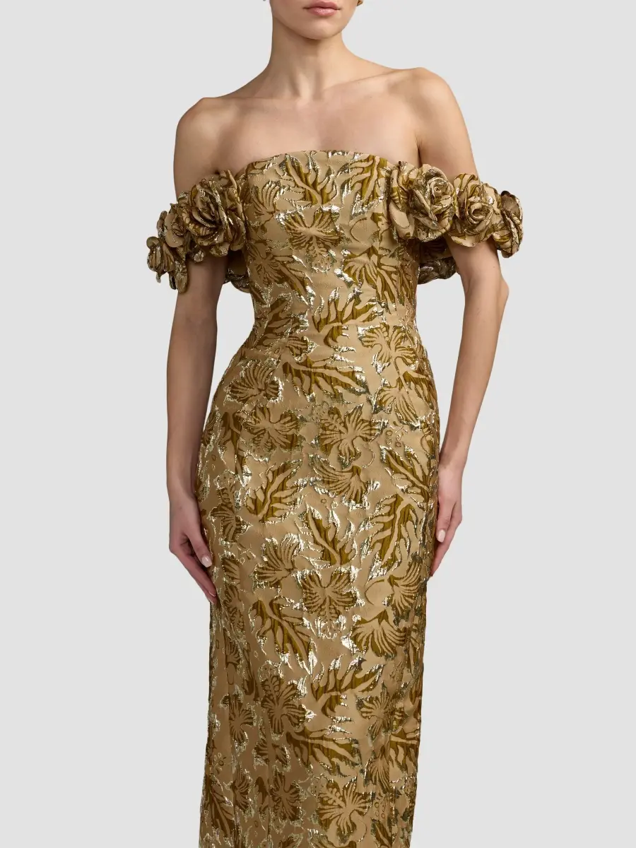 Mac Duggal Women's Brocade 3D Flower Off-The-Shoulder Gown | Thumbnail 4 Mac Duggal Women's Brocade 3D Flower Off-The-Shoulder Gown | Thumbnail 4