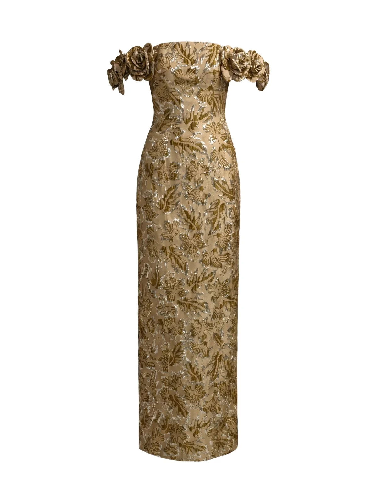 Women's Brocade 3D Flower Off-The-Shoulder Gown