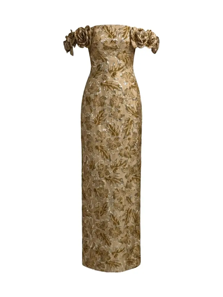 Mac Duggal Women's Brocade 3D Flower Off-The-Shoulder Gown