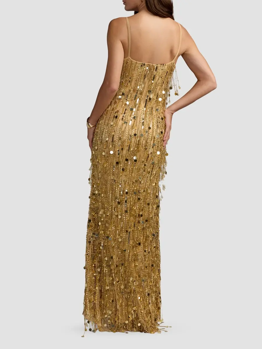 Mac Duggal Women's Sequin Beaded Tassel Column Gown | Thumbnail 3