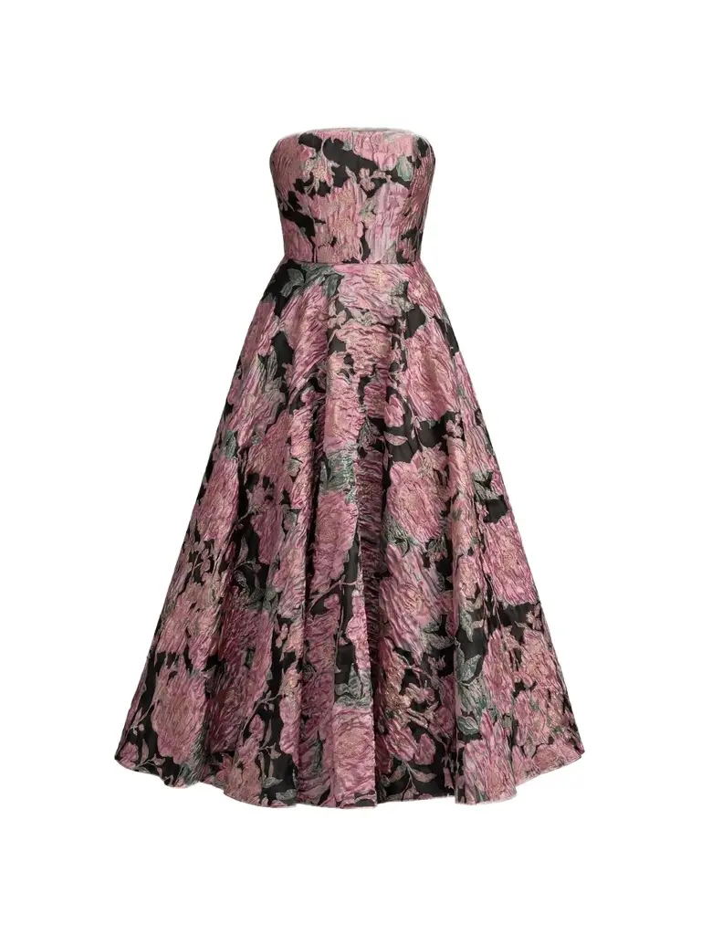 Women's Strapless Floral Brocade Midi-Dress