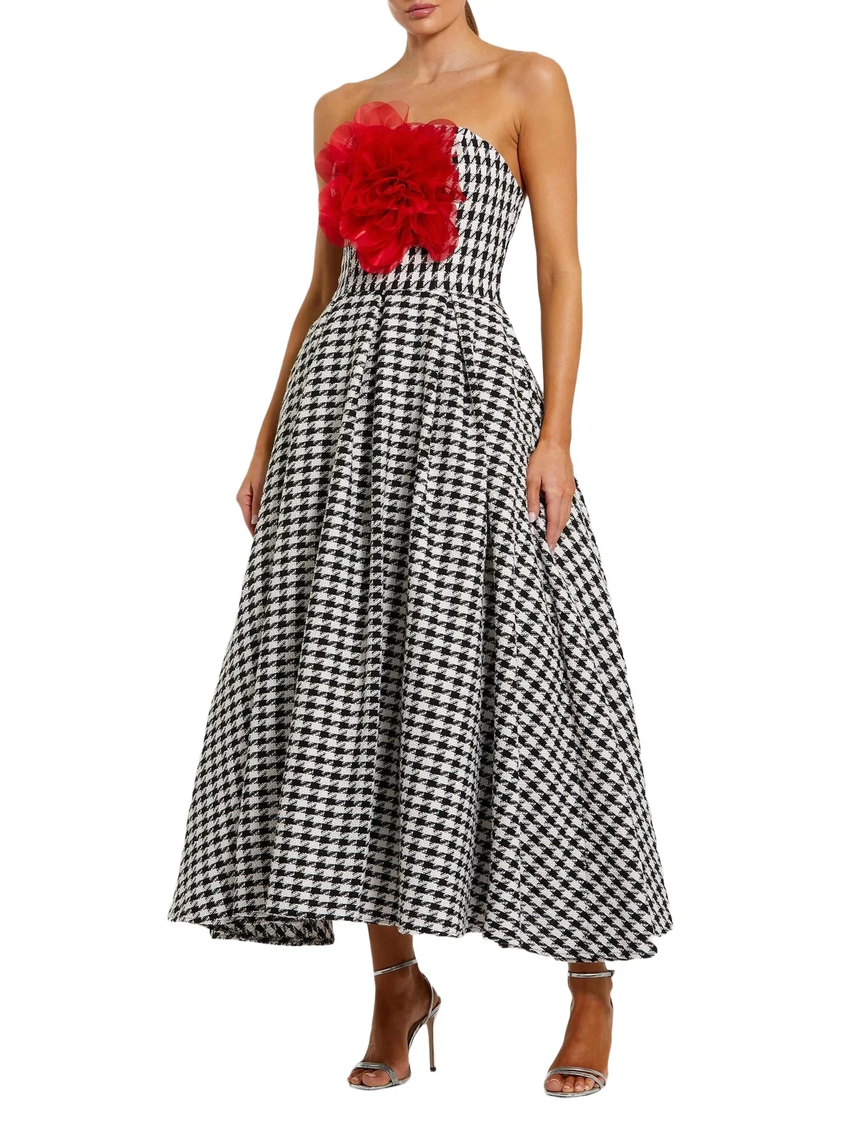 Women's Strapless Hounstooth Midi-Dress Women's Strapless Hounstooth Midi-Dress