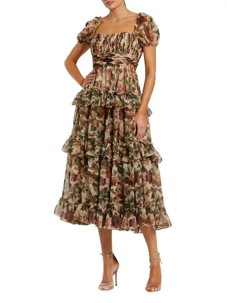 Women's Floral Ruffled Chiffon Midi-Dress