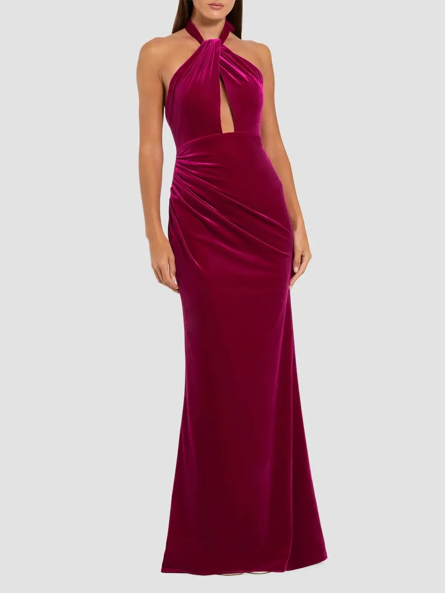 Mac Duggal Women's Draped Velvet Halter Column Gown | Thumbnail 2 Mac Duggal Women's Draped Velvet Halter Column Gown | Thumbnail 2