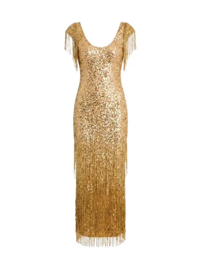 Mac Duggal Women's Sequin-Embellished Fringed Mesh Dress