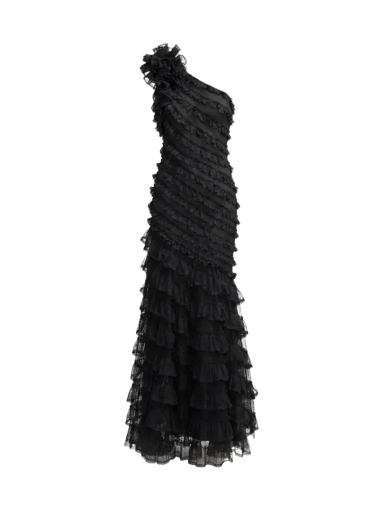 Mac Duggal Women's One-Shoulder Mesh-Lace Trumpet Gown