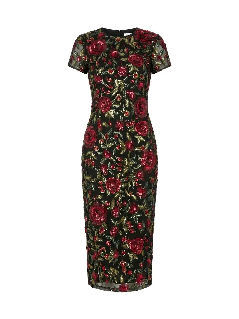 Mac Duggal Women's Sequined Floral Mesh Gown