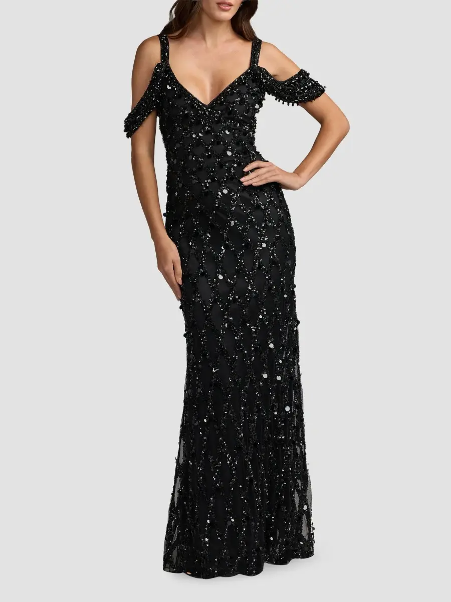 Mac Duggal Women's Beaded Mesh Off-The-Shoulder Column Gown | Thumbnail 2 Mac Duggal Women's Beaded Mesh Off-The-Shoulder Column Gown | Thumbnail 2