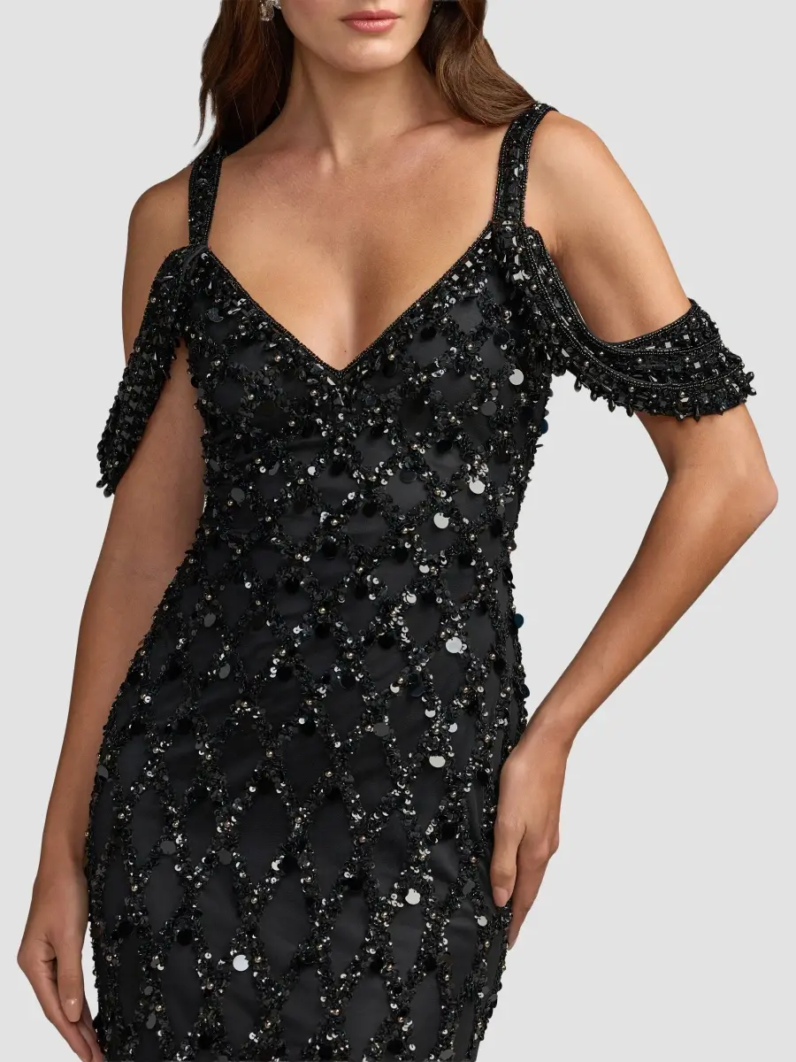 Mac Duggal Women's Beaded Mesh Off-The-Shoulder Column Gown | Thumbnail 4 Mac Duggal Women's Beaded Mesh Off-The-Shoulder Column Gown | Thumbnail 4