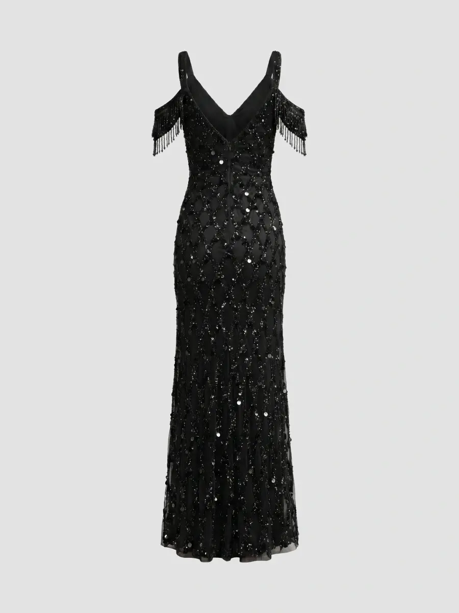 Mac Duggal Women's Beaded Mesh Off-The-Shoulder Column Gown | Thumbnail 5 Mac Duggal Women's Beaded Mesh Off-The-Shoulder Column Gown | Thumbnail 5