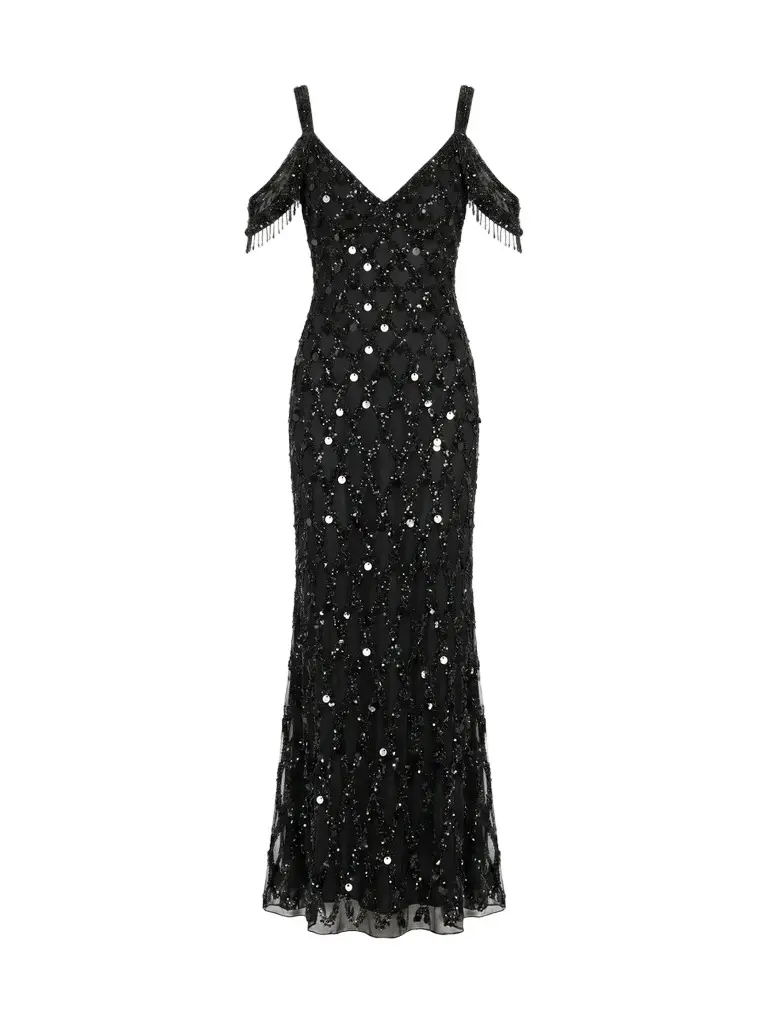 Mac Duggal Women's Beaded Mesh Off-The-Shoulder Column Gown