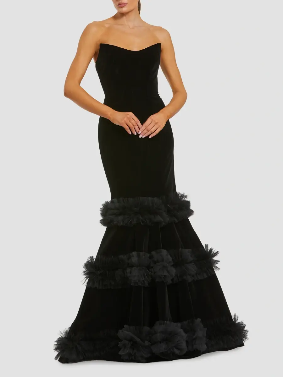 Mac Duggal Women's Velvet Ruffle Tiered Strapless Gown | Thumbnail 2 Mac Duggal Women's Velvet Ruffle Tiered Strapless Gown | Thumbnail 2