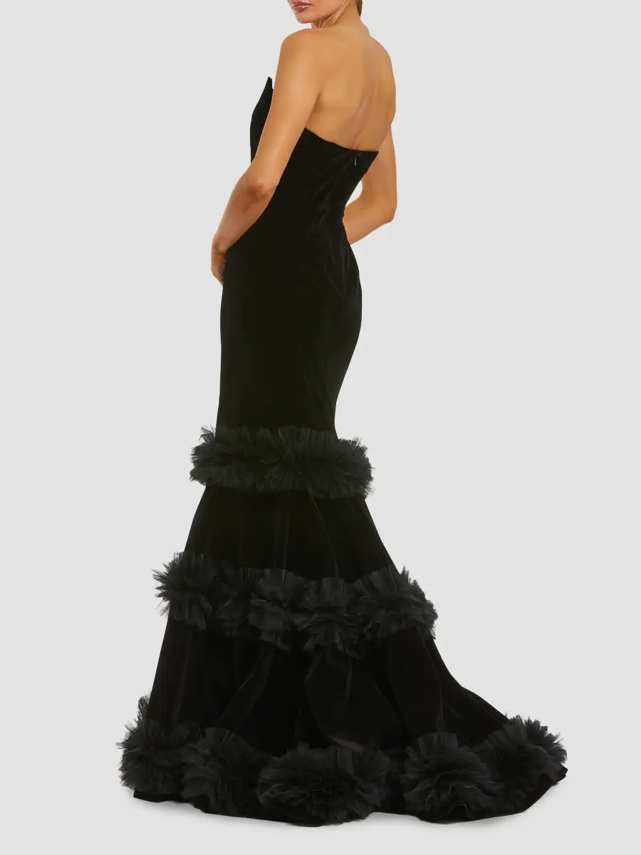 Mac Duggal Women's Velvet Ruffle Tiered Strapless Gown | Thumbnail 3 Mac Duggal Women's Velvet Ruffle Tiered Strapless Gown | Thumbnail 3