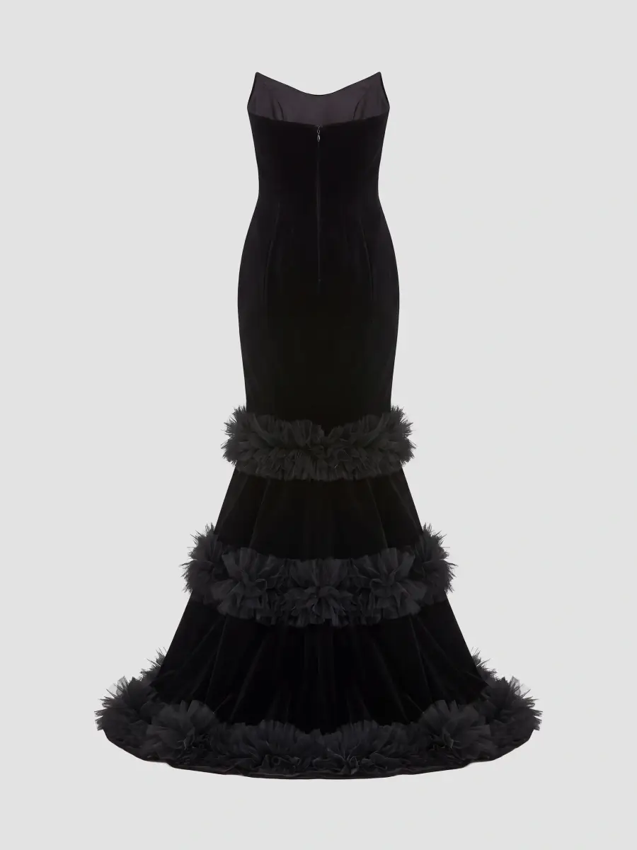 Mac Duggal Women's Velvet Ruffle Tiered Strapless Gown | Thumbnail 5 Mac Duggal Women's Velvet Ruffle Tiered Strapless Gown | Thumbnail 5