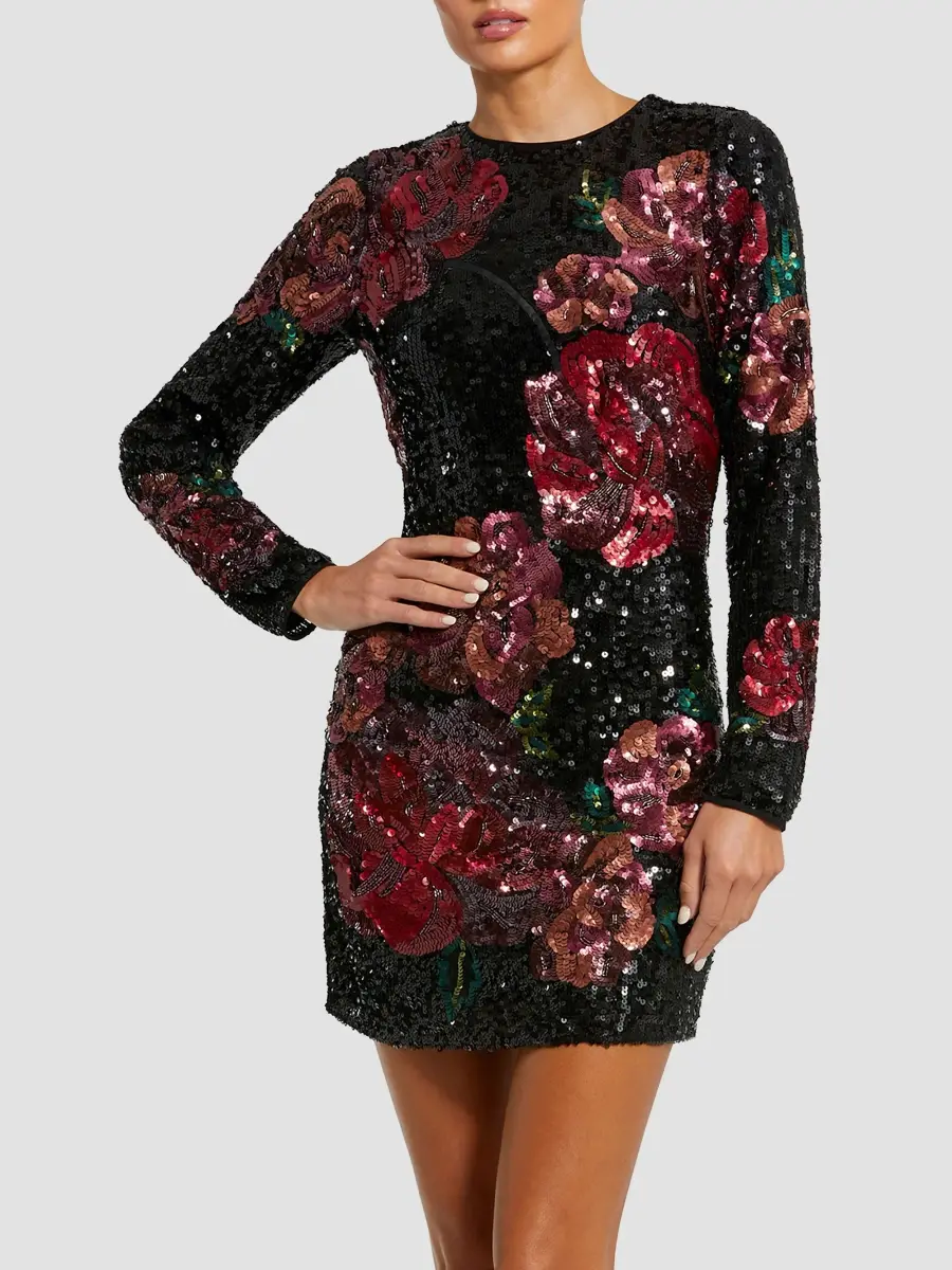 Mac Duggal Women's Sequin Floral Long-Sleeve Fitted Mini Dress | Thumbnail 3 Mac Duggal Women's Sequin Floral Long-Sleeve Fitted Mini Dress | Thumbnail 3