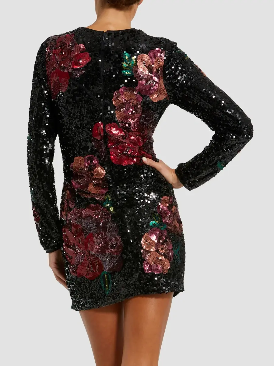 Mac Duggal Women's Sequin Floral Long-Sleeve Fitted Mini Dress | Thumbnail 4 Mac Duggal Women's Sequin Floral Long-Sleeve Fitted Mini Dress | Thumbnail 4