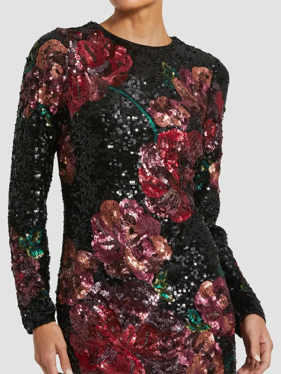 Mac Duggal Women's Sequin Floral Long-Sleeve Fitted Mini Dress | Thumbnail 5 Mac Duggal Women's Sequin Floral Long-Sleeve Fitted Mini Dress | Thumbnail 5