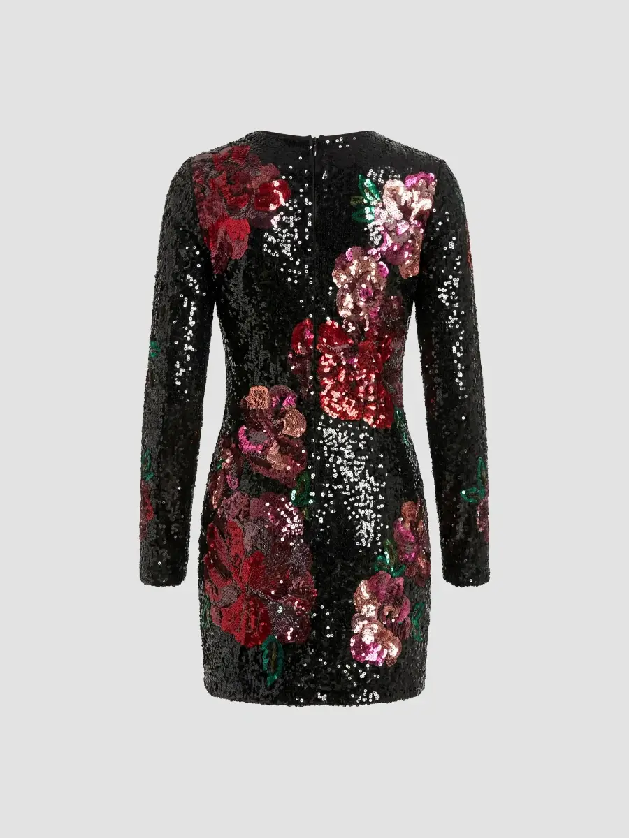 Mac Duggal Women's Sequin Floral Long-Sleeve Fitted Mini Dress | Thumbnail 6 Mac Duggal Women's Sequin Floral Long-Sleeve Fitted Mini Dress | Thumbnail 6
